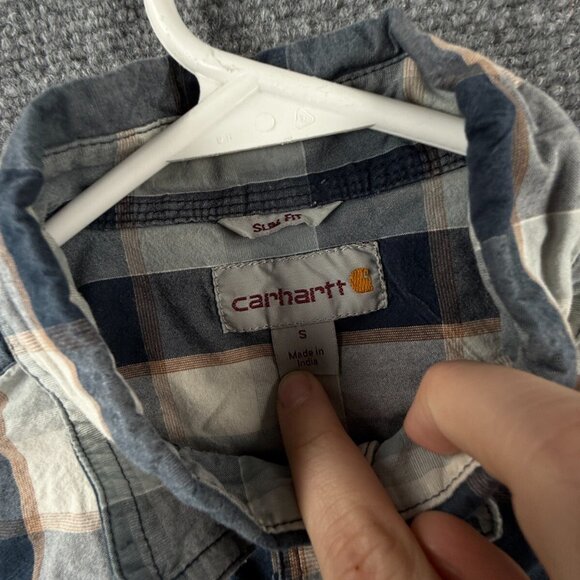 Carhartt Men Long Sleeve Blue Beige Plaid Button Up Shirt Small Slim Fit Adult - Picture 9 of 13
